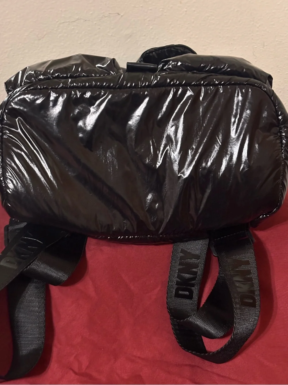 DKNY Shiny Black Quilted Nylon Puffer Backpack